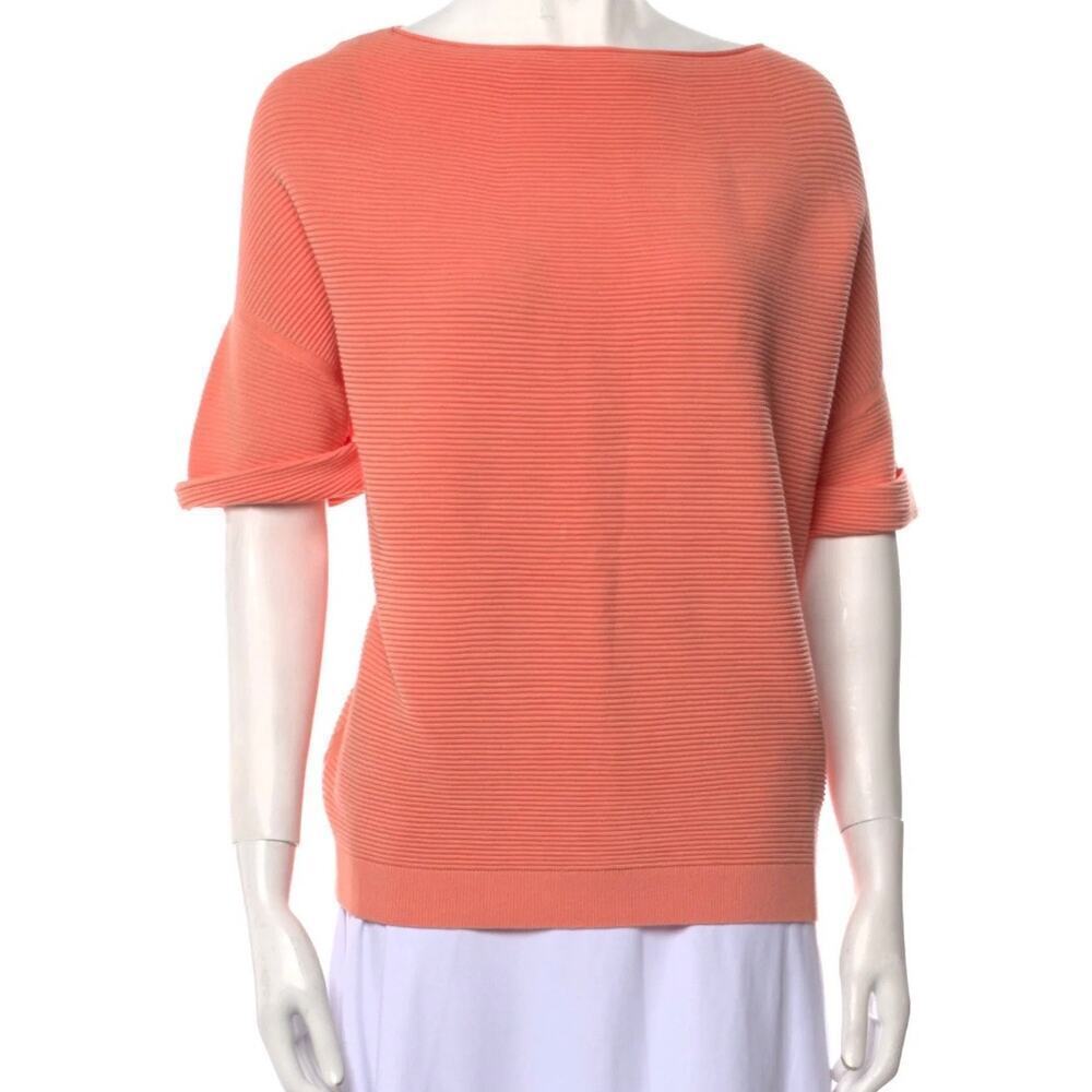Lafayette 148 Ribbed Bateau Knit Short Sleeve Sweater Top